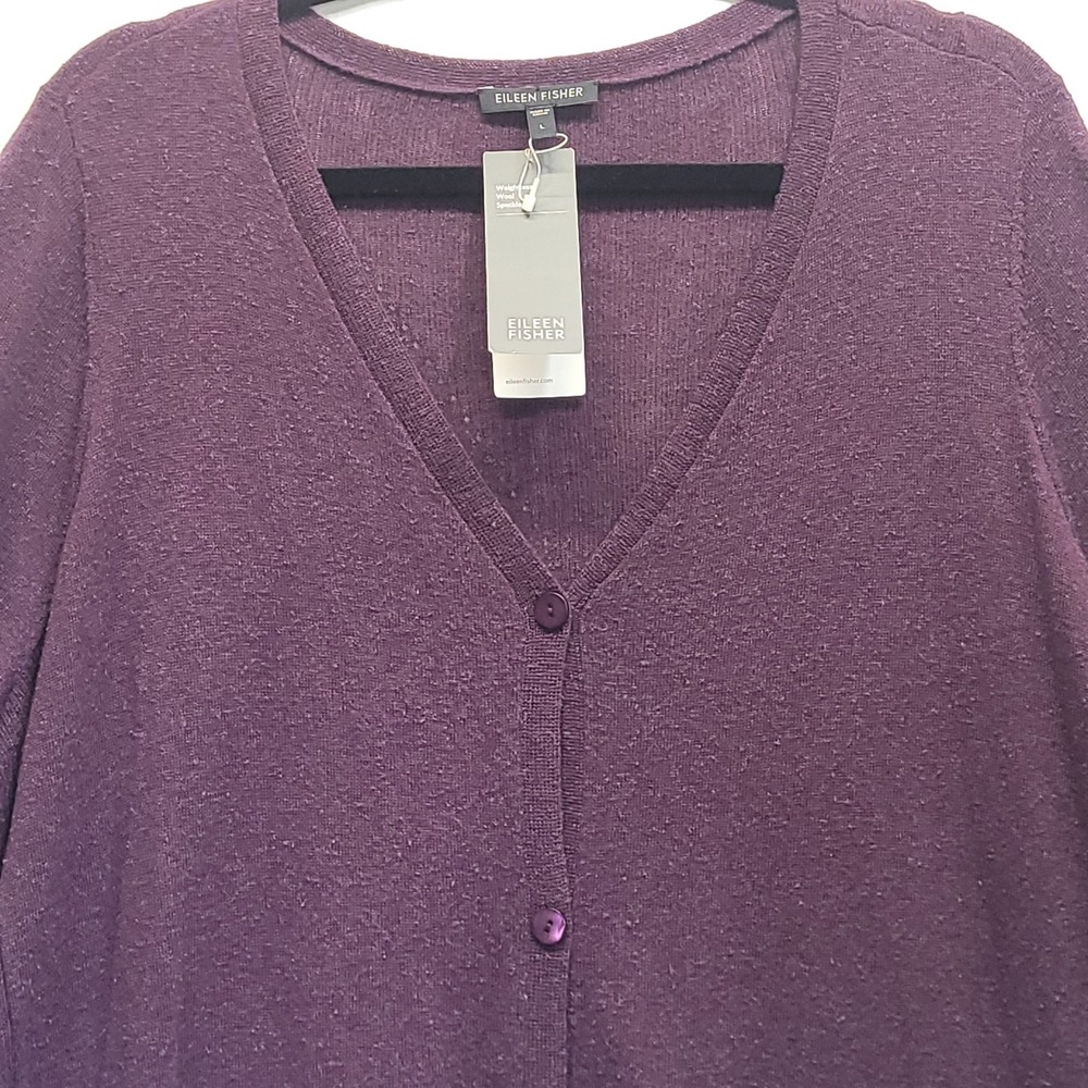 NWT Eileen Fisher LG Purple Plum Speckle Knit V Neck Cardigan Sweater Wool Silk - Picture 5 of 16